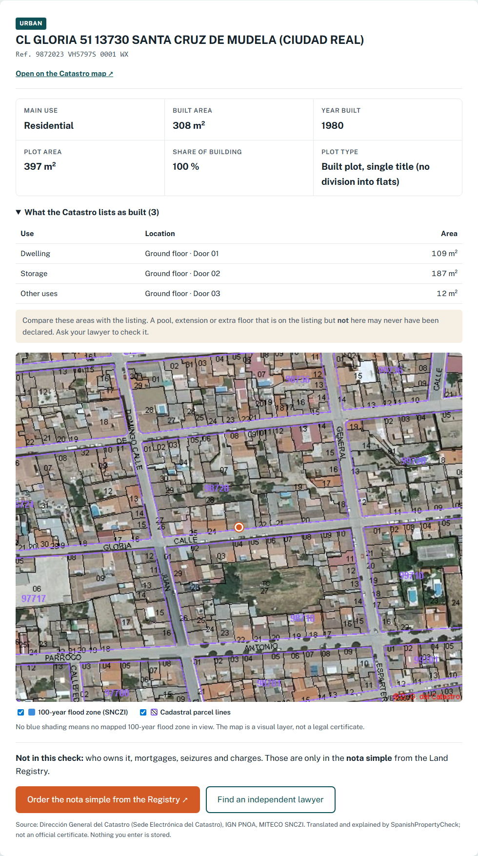 An example of the Catastro data we check for a house in Santa Cruz de Mudela: address, use, built area, year built, plot size, built units and an aerial map with the parcel outlined